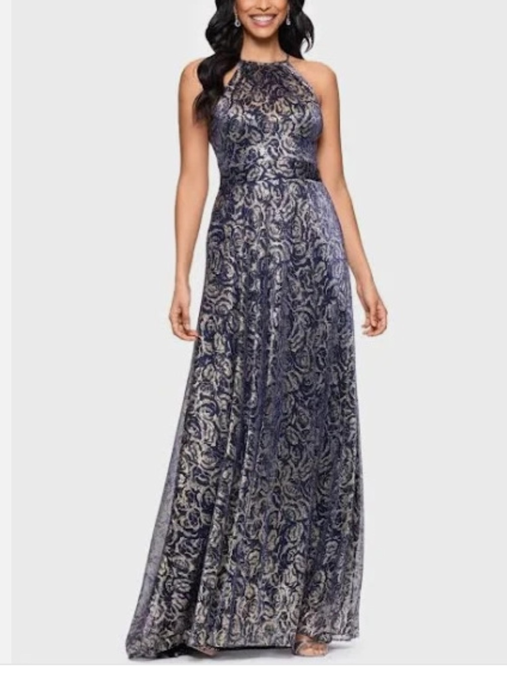 Betsy & Adam Navy Gold Metallic Floral Brocade Halter Maxi Gown NWT Size 14W